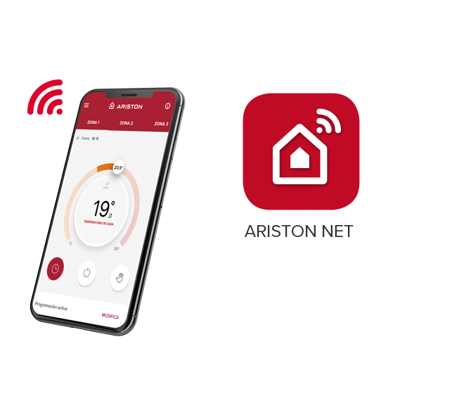 Este modelo incluye de serie conectividad ARISTON NET, lo que permite controlar el sistema desde el móvil mediante la aplicación Ariston NET. Desde el smartphone se pueden gestionar las funciones de calefacción, refrigeración y agua caliente sanitaria, consultar consumos y optimizar el funcionamiento del equipo.